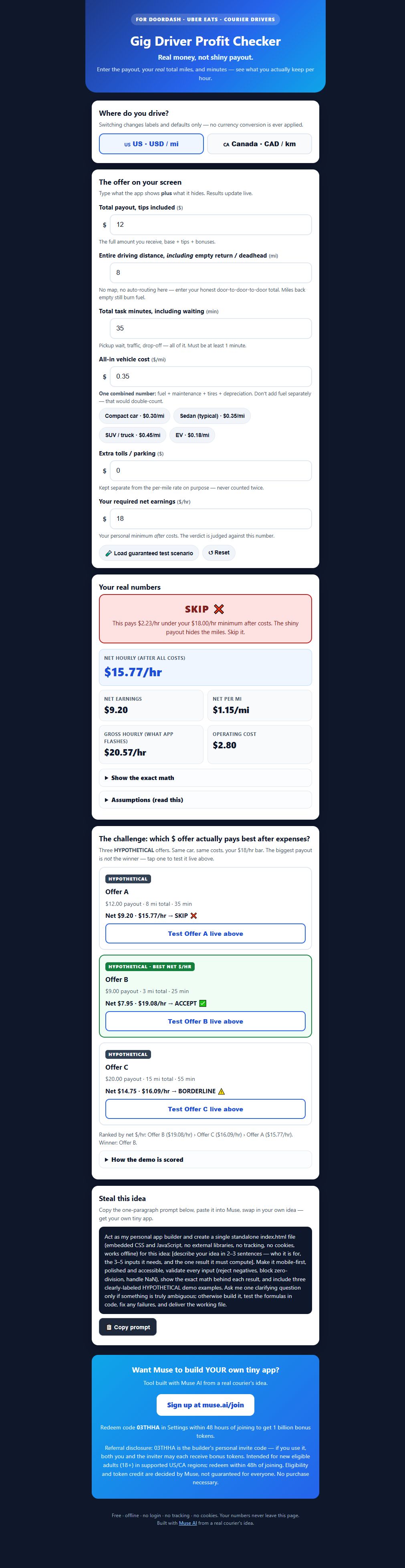 "Real money, not shiny payout": a courier had Muse build a gig-driver profit calculator — then tested it like an engineer